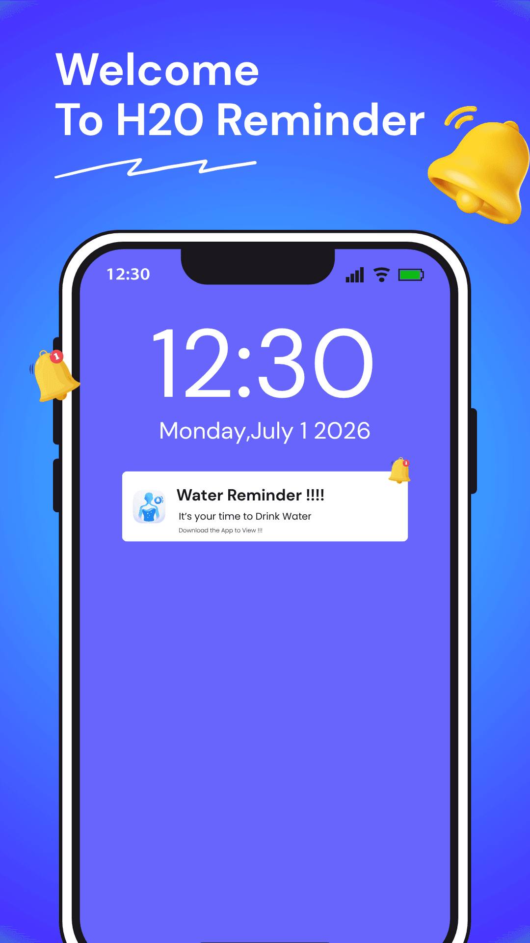 H2O welcome screen: a lock screen with a Water Reminder notification saying it's time to drink water.